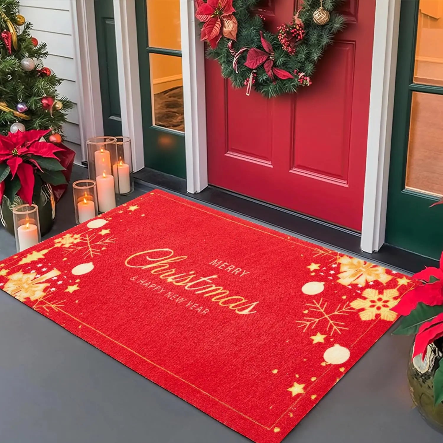 Decorative Christmas Doormat Merry Xmas Holiday Front Door Mat Funny Cartoon Character Felt Door Rugs for Indoor Outdoor Kitchen