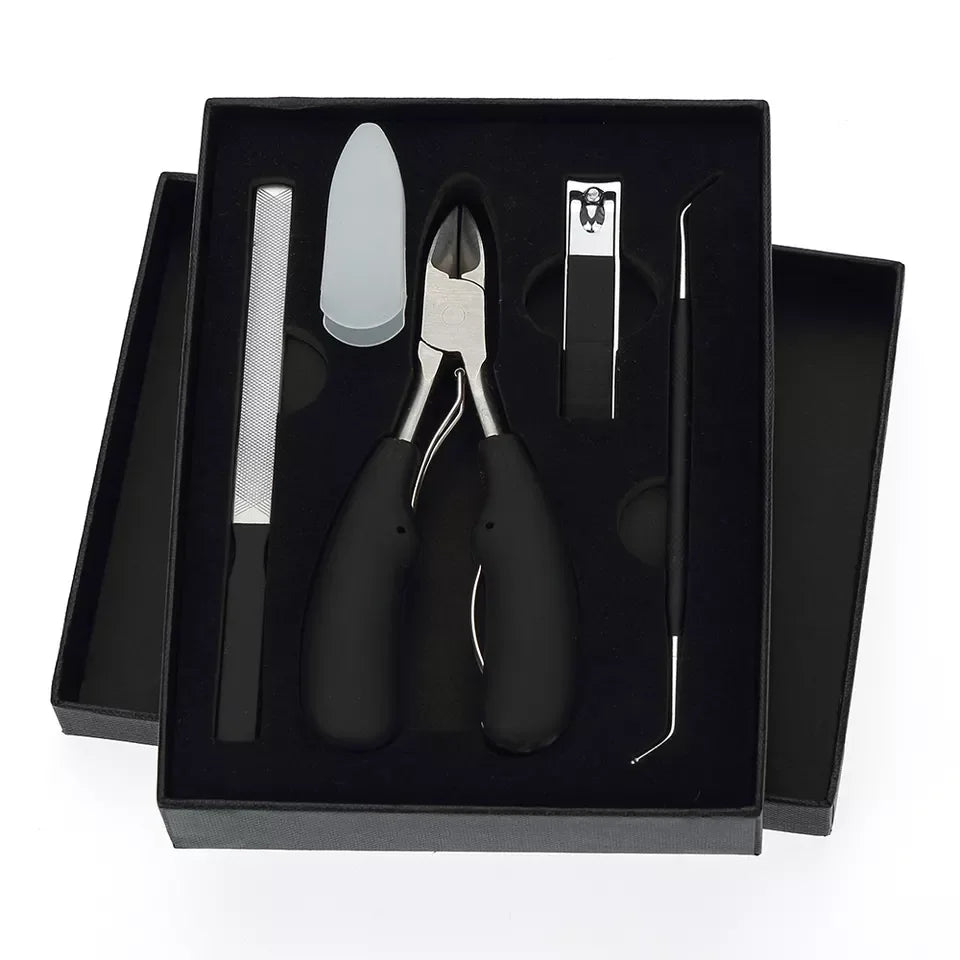 4pcs Steel & Stainless Steel Manicure & Pedicure Tool Set Includes Cuticle Remover & Nails Clipper Black Gift Box for Nail Care