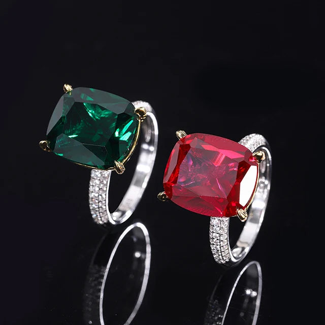 Real 925 Sterling Silver Rings for Women Trendy Gold Color Ruby Ring Rectangle Engagement Fine Jewelry