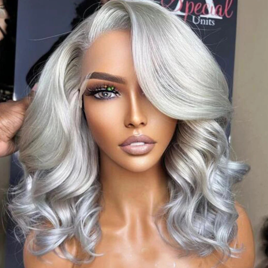 Brazilian HD Transparent Lace Front Human Hair Wigs for Black Women Grey Wigs Human Hair Glueless Pre Plucked Short Bob Wig