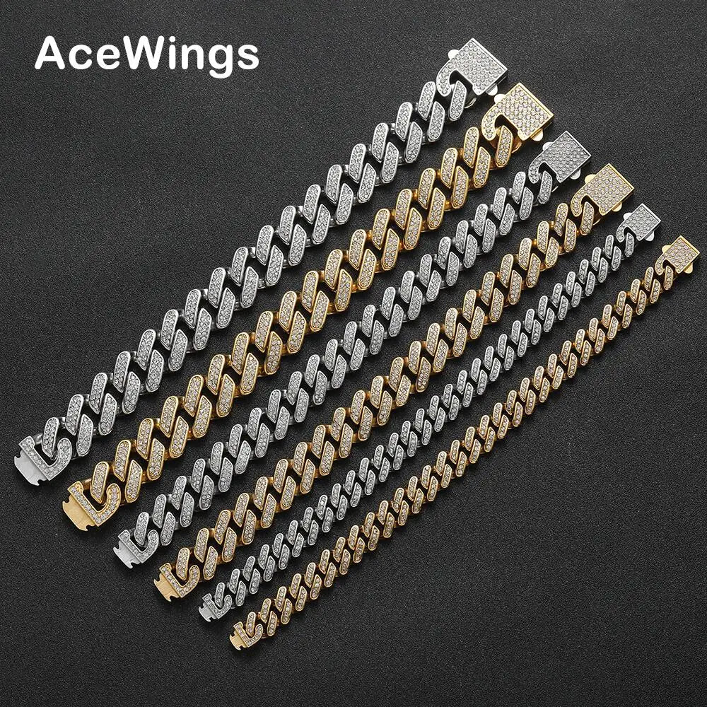 SB100 11mm 15mm 19mm 8inch Stainless Steel Crystal Cuban Bracelet Hip Hop Jewelry