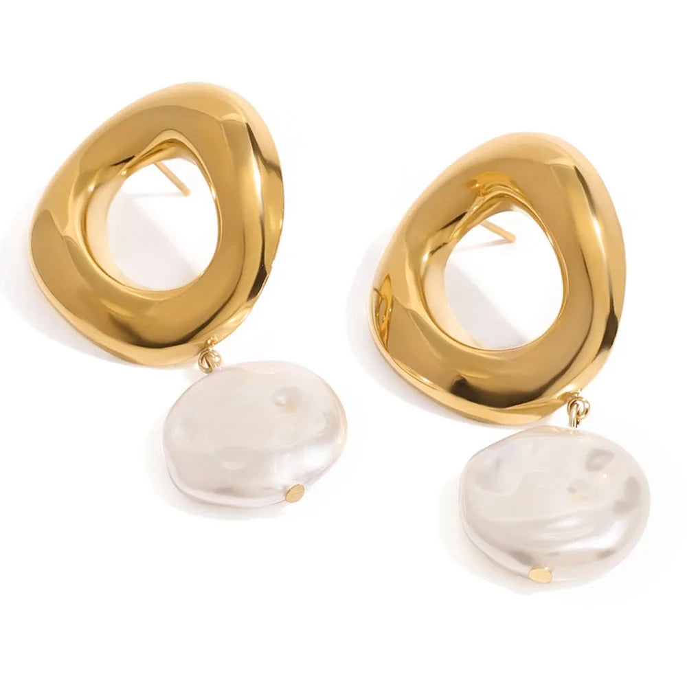 Elegant Irregular Round Hollow 18K Gold Stainless Steel Drop Earrings Freshwater Pearls Pendant Earrings Jewelry Bijoux Femme