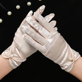 Bridal Dress Gloves Mesh Bow Pearl Short Satin Gloves Wedding Accessories Party Dance Cosplay Performance Women's Bridal Gloves