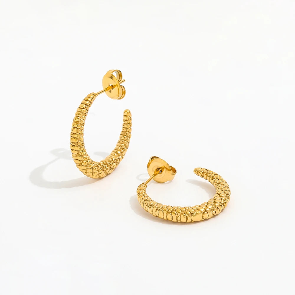 JOOLIM High End 18K Gold Plated Bubble Surface Ox Horn C Hoop Earrings Jewelry Stainless Steel for Women