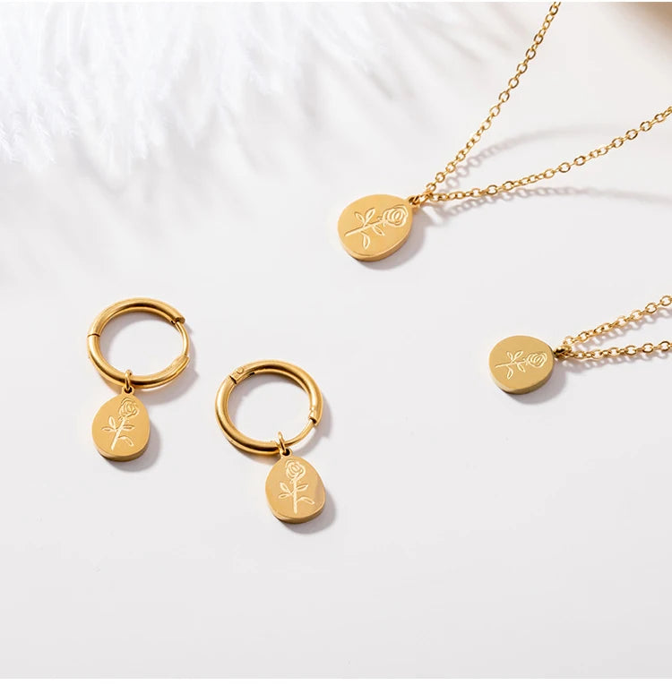 Custom Rose Flower Pattern Earrings Necklace Set Fashion Stainless Steel 18K Gold Plated Romantic Anniversary Children's Jewelry