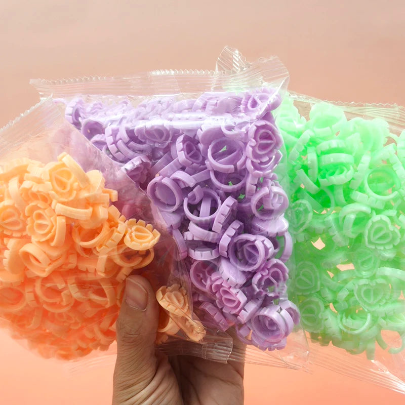 100Pcs Lash Glue Rings Pink Blue Disposable Plastic Eyelash Glue Holder for Eyelash Extension