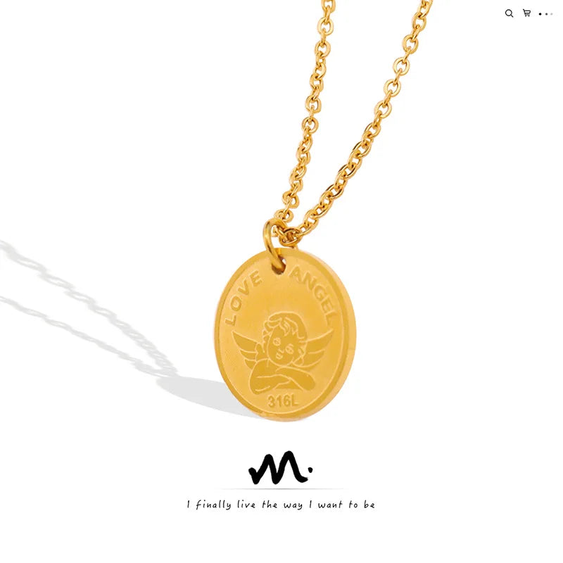 Simple Restore Ancient Ways Personality Joker Angel Round Brand Pendant Necklace Female Stainless Steel Quality