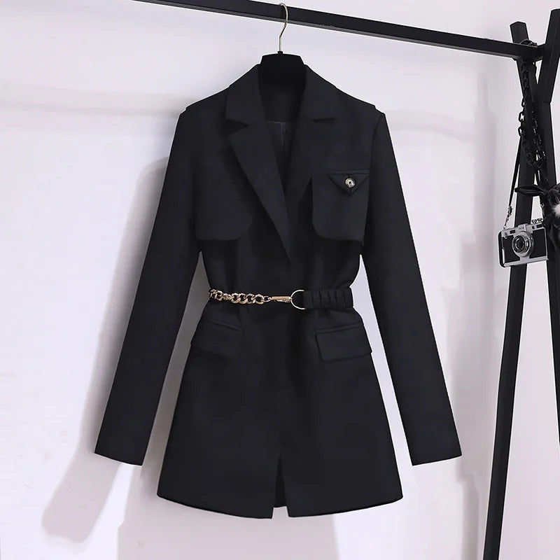 New Top Korean Style Chic Coffee Suit Coat Women's Spring and Autumn Suit High End  Office Ladies Elegant Solid Jacket