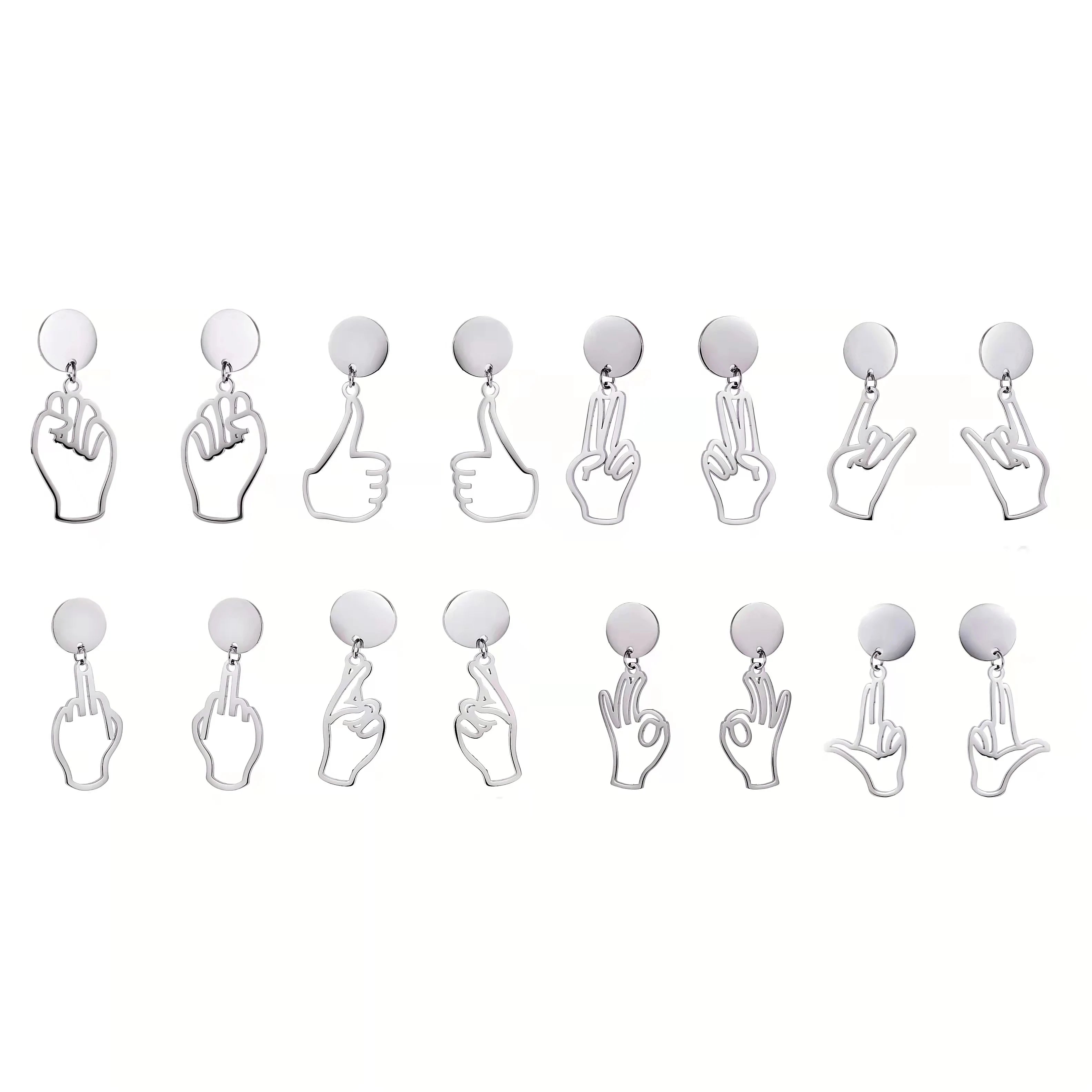 Wholesale Designer Stainless Steel Stud Earrings Trendy Gold Plated Unique Dangly Finger Gestures Fashion Accessory