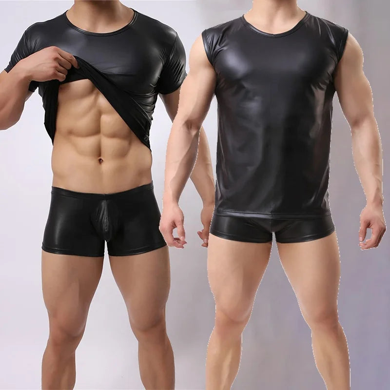 Mens PU Leather T Shirts Latex Undershirt Glossy PVC Hooded Vest Shiny Tunic Top Club Tee Nightclub Outfits Male Clothes