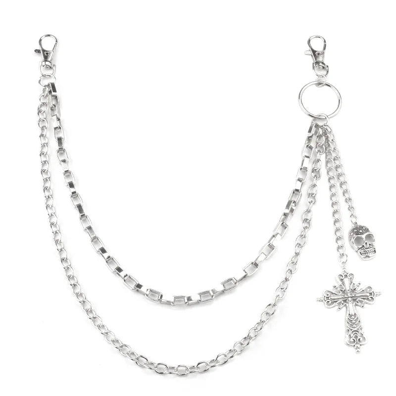 Hip Hop Punk Hollow Out Cross Skull Pendant Chain Double-layer Jeans Trousers Chains Fashion Jewelry