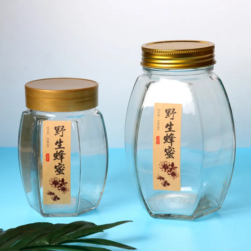 Unique Design Empty Hexagonal Shaped 380ml 500g 1000g Glass Honey Jam Jar With the Metal Lid Food Container Storage Jars&bottles