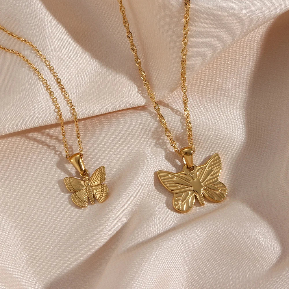 Dreamshow Engraved Herringbone Link Chain Butterfly Necklace Inspire Stainless Steel Pendant Necklace