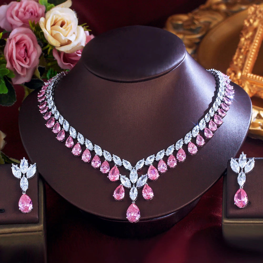 Super Luxury Cubic Zirconia Water Drop Shape Necklace and Earrings Wedding Bridal White Pink Jewelry Set for Women