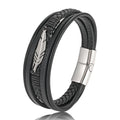 Fashion Jewelry Feather Multi-Layered Leather Wrap Bracelet Leather Cord Braided Stainless Steel Magnetic Clasp Bracelet