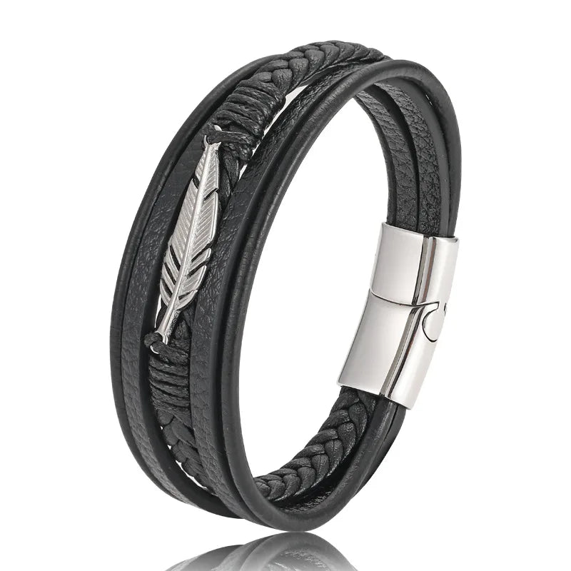 Fashion Jewelry Feather Multi-Layered Leather Wrap Bracelet Leather Cord Braided Stainless Steel Magnetic Clasp Bracelet