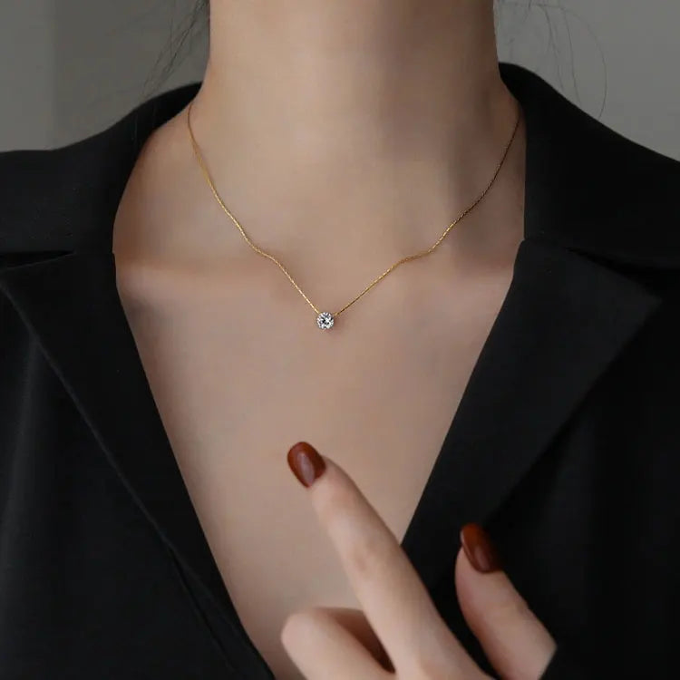 SC Office Lady Simple No Fade Gold Plated Stainless Steel Choker Necklace Women Luxury Six Prongs Single Diamond Necklace