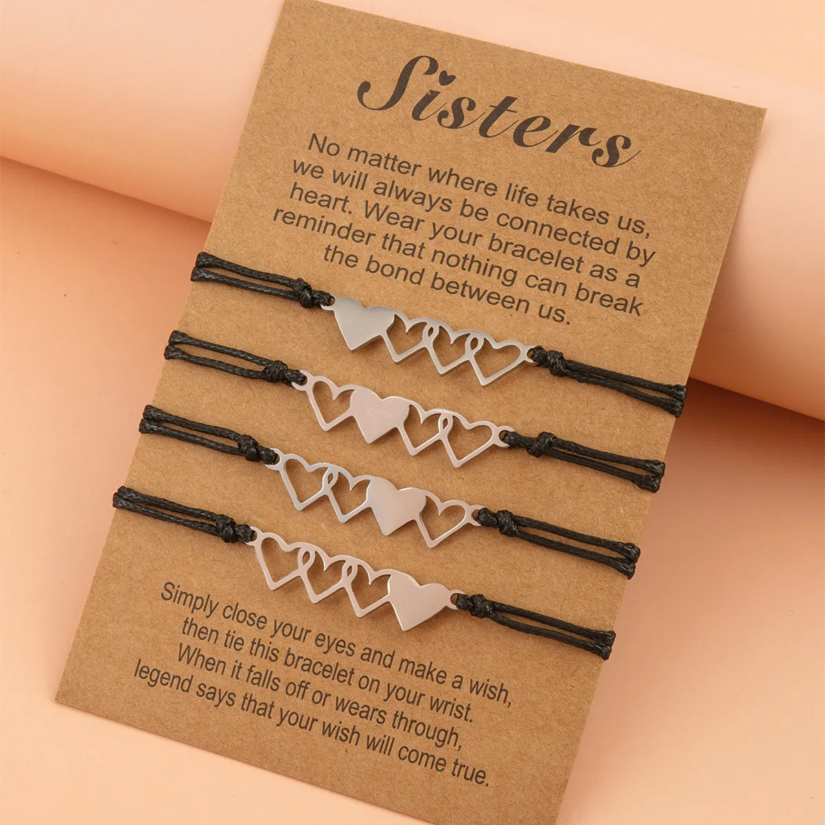 Four Hearts Wrap Cord Make a Wish Bracelet Bangle Jewelry Custom Charms Wish Card Bracelet for Sisters Friends