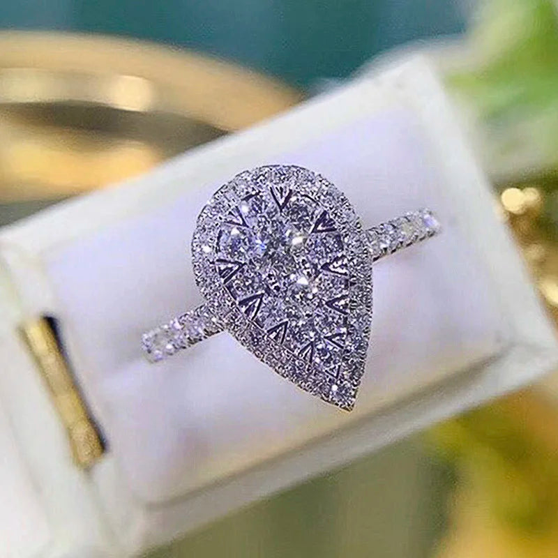 CAOSHI Delicate Water Drop Pear Shaped Zirconia Ring for Women Brilliant CZ Female Silver Color Wedding Engagement Rings