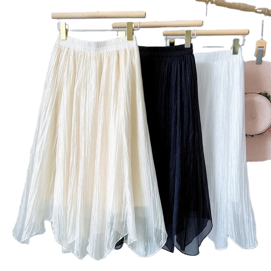 2024 Women Summer A-Line Mesh Skirt White Color High Waist Women Elegant Boho Long Skirt Femme Irregular Floral Skirt