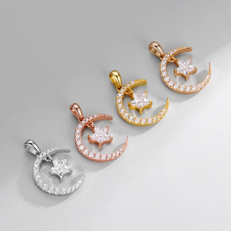 Personalized 925 Sterling Silver Pave Zircon Moon Star Pendant for DIY Jewelry Making Supplies