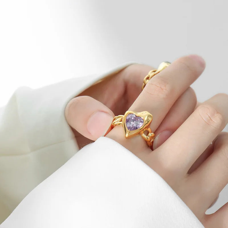 Personalized Purple Zircon Green Glass Heart Shape Peach Heart Embossed Light Luxury Titanium Steel 18K Gold Women's Ring