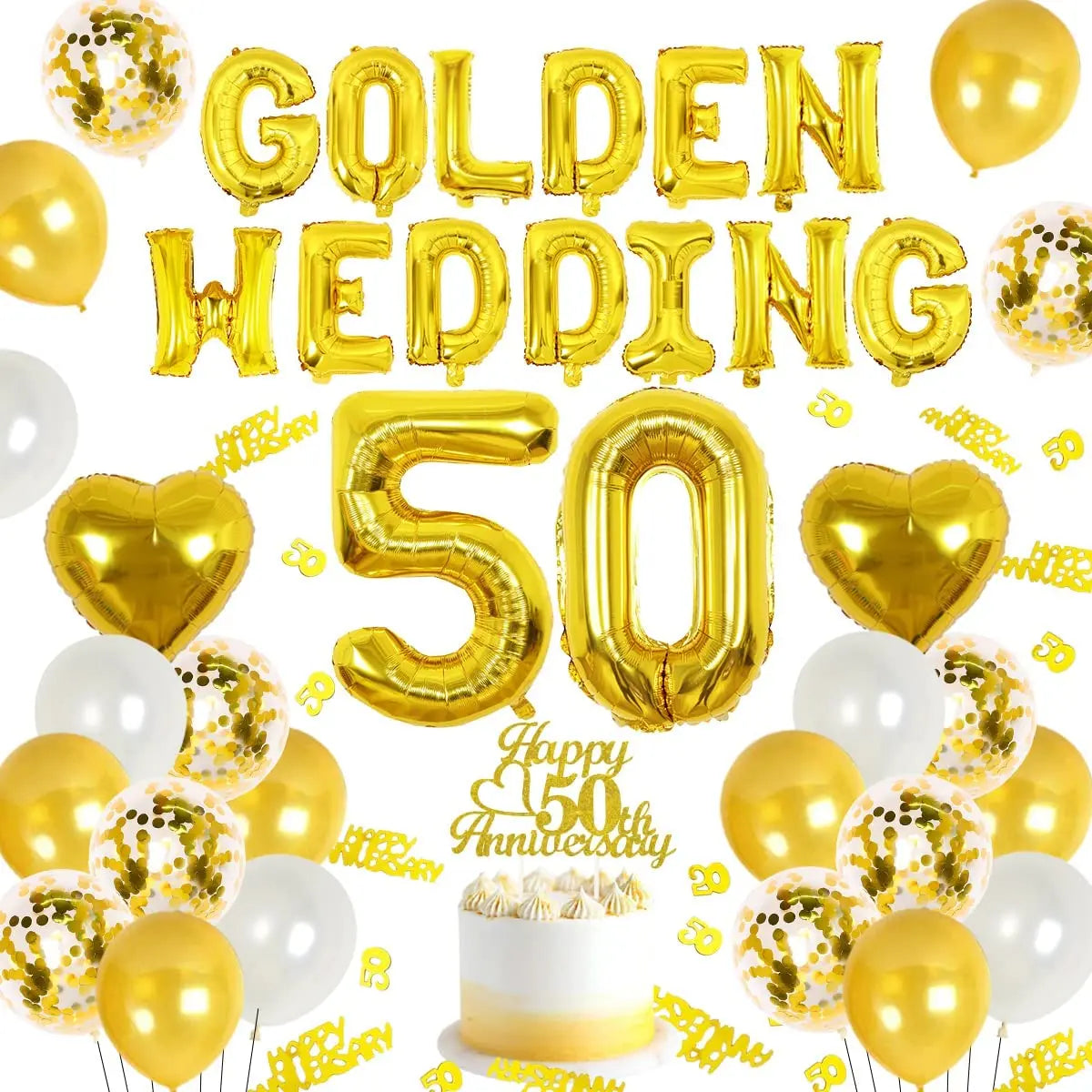 Nicro Gold Theme Cake Topper Foil Balloon Cheer to 50 Year Happy Golden Wedding Party 50th Gold Anniversary Decorations Kit