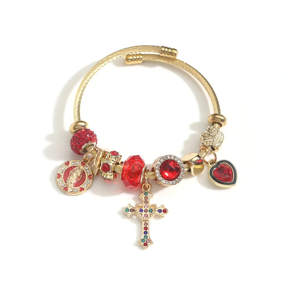 Hot Sale Stainless Steel Adjustable Jesus Bangle with Rhinestone Heart   Blue Eye Religious Jewelry for Women