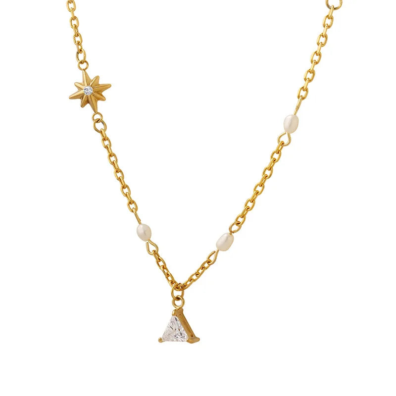 Personalized Triangle Zircon Freshwater Pearl Six Point Star Pendant for Girls 18K Gold Plated Stainless Steel Necklace