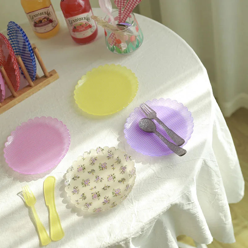 Ins Plastic Floral Plate Plaid Decorative Dessert Plate
