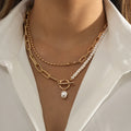 Personality Faux Pearl Round Bead Chain Overlay Necklace Long Gold Plated Ot Clasp Pearl Necklace Fashion Jewelry