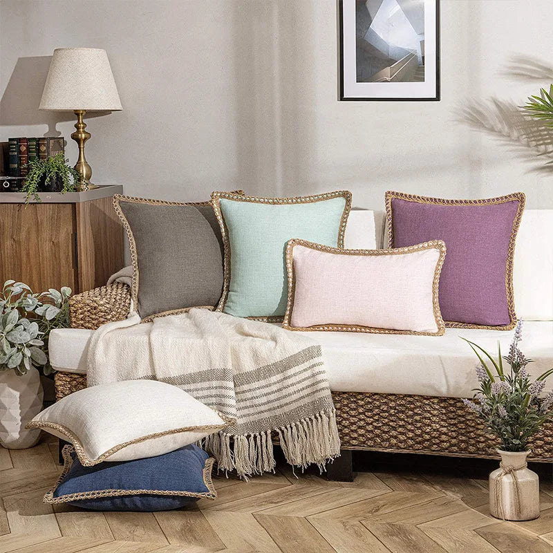Farmhouse Decor Burlap Linen Trimmed Tailored Edges Solid Throw Pillow Case Cushion Cover Pillowcase