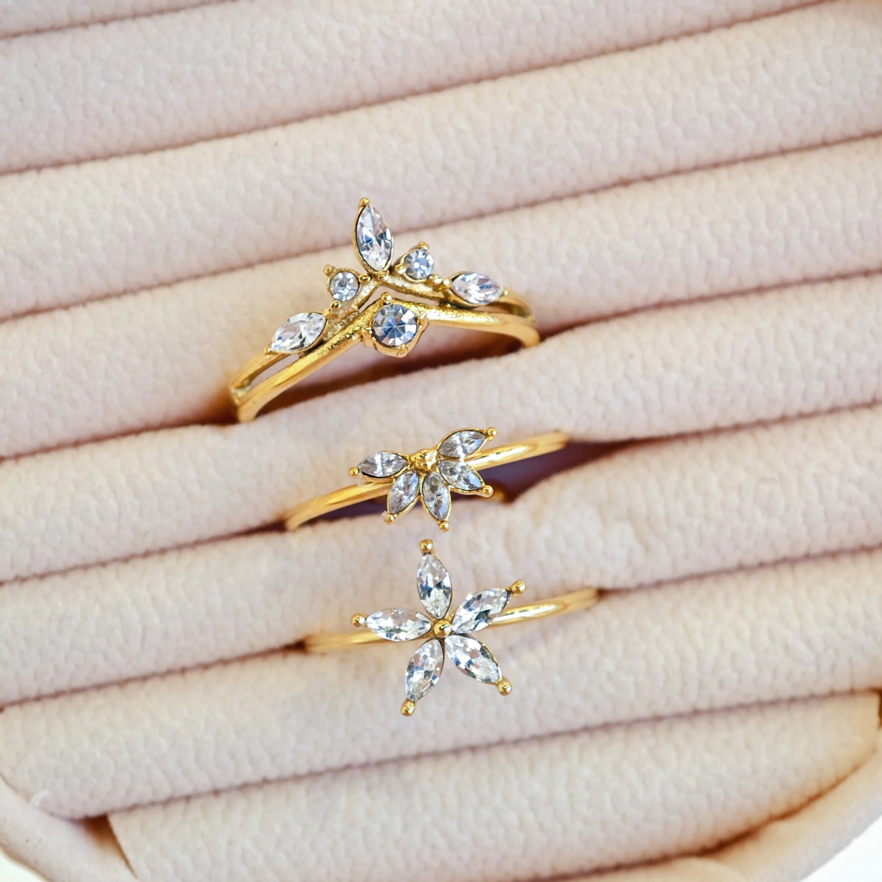 Ilona 18K Gold Plated CZ Flower Ring Set Marquise Cut Crystal Petal Adjustable Stackable Ring Women Dainty Daily Jewelry