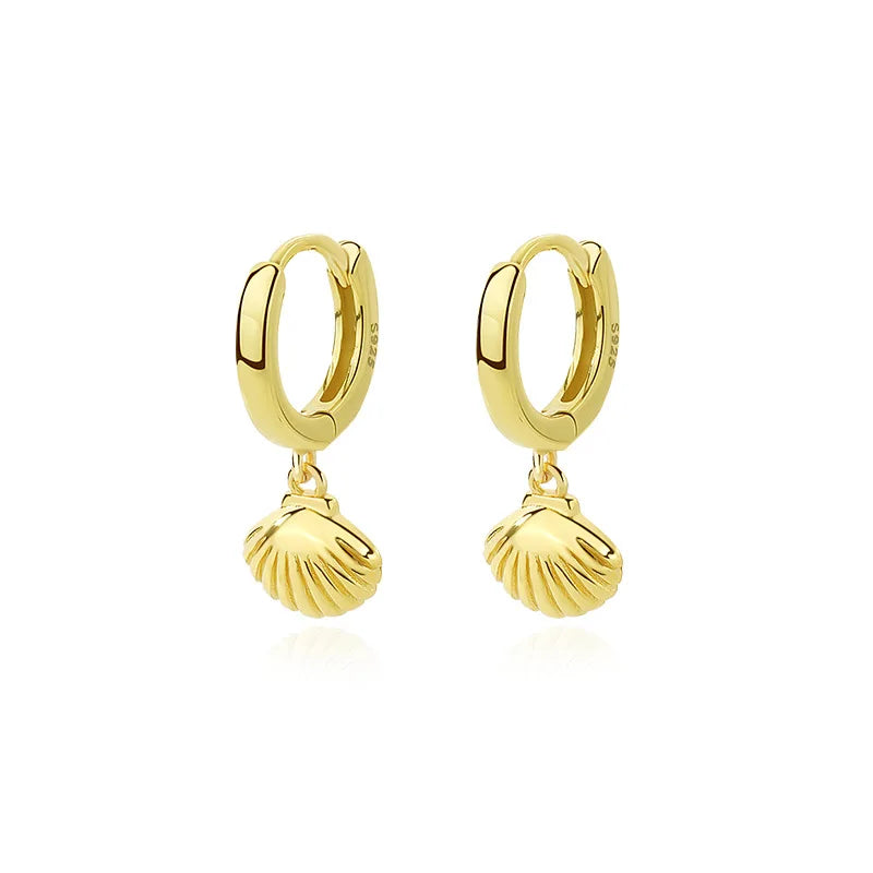 Fashion Earrings Jewelry 925 Sterling Silver Earring Plain Sea Shell Drop Pendant Gold Plated Hoop Earrings for Women