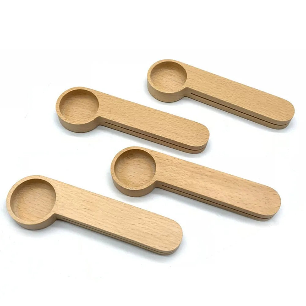 2 in 1 Multifunctional Wooden Measure Scoop and Sealing Clip Long Coffee Spoons Including Tablespoon Tsp Teaspoon for Camping