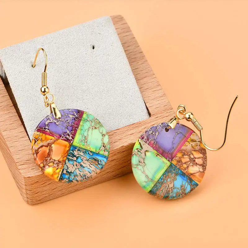 Vintage Gem Stone Jewelry Sediment Stone Chakra Earing Rainbow Colorful Color Natural Gemstone Earrings Gems Jewelry