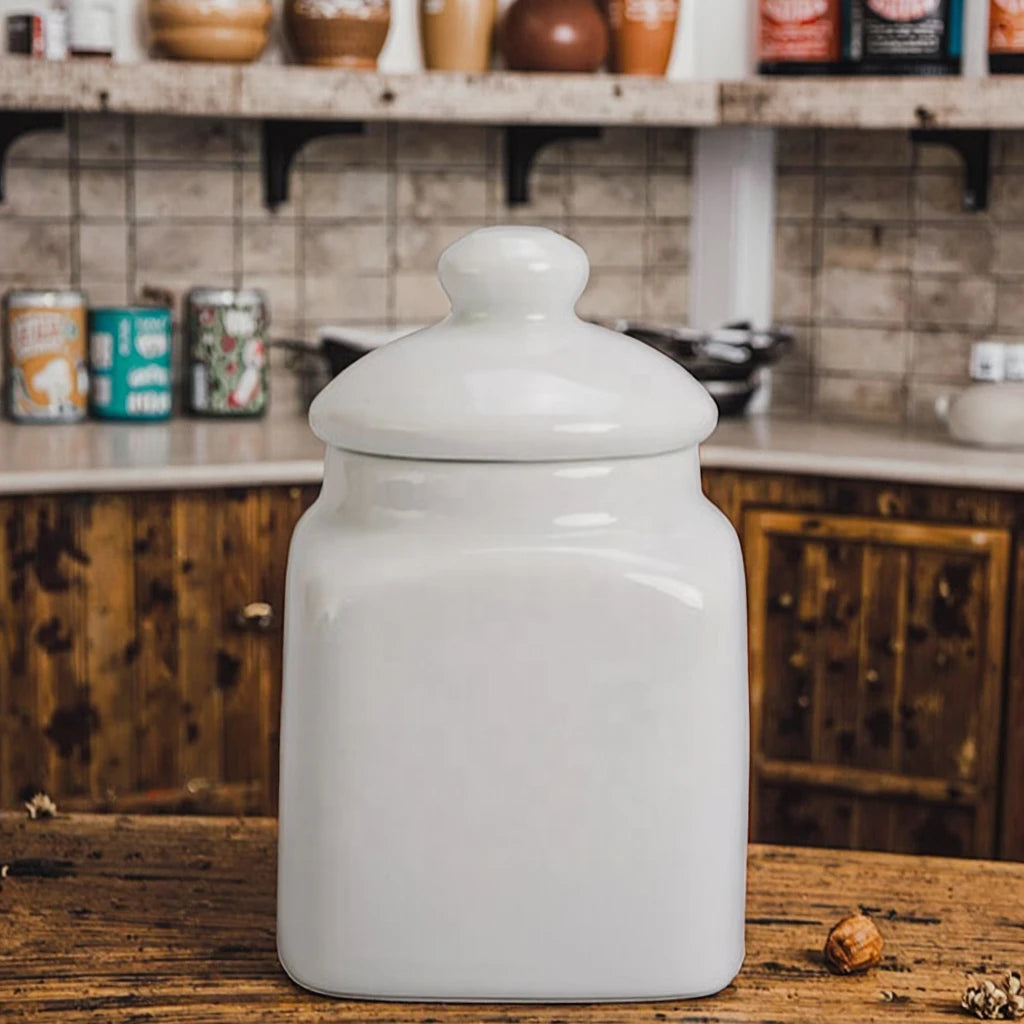 Classic White Rectangle Ceramic Coffee Tea Sugar Canister Big Capacity Pottery Pot for Kitchen Use