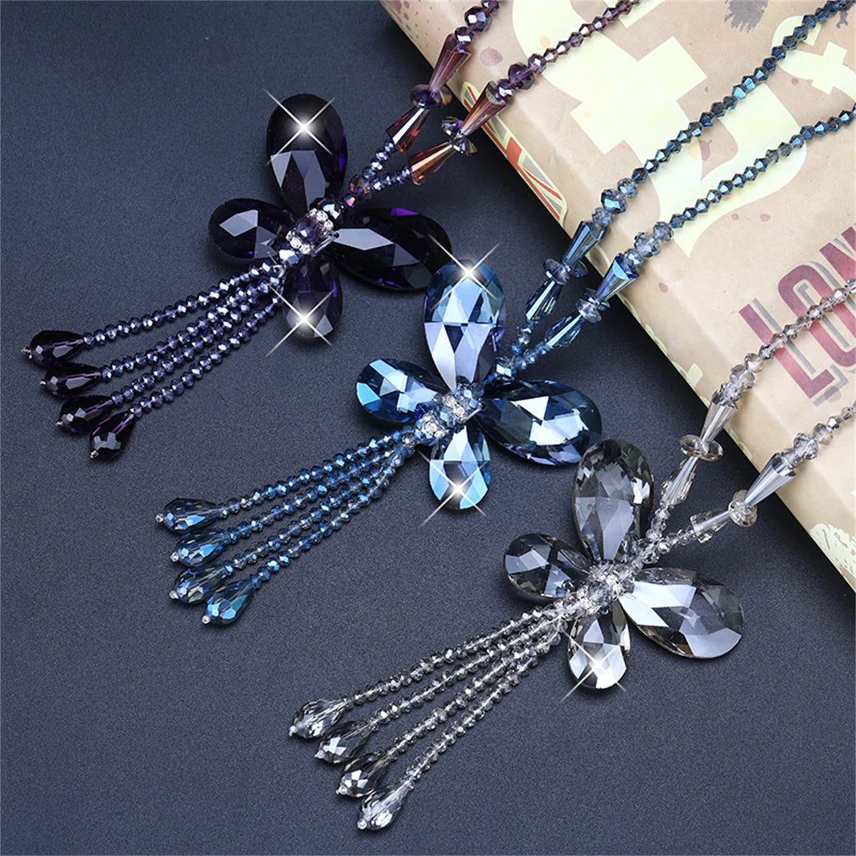 Fashion Crystal Beaded Tassel Pendant Necklace Long Sweater Butterfly Chain Women Jewelry Gift