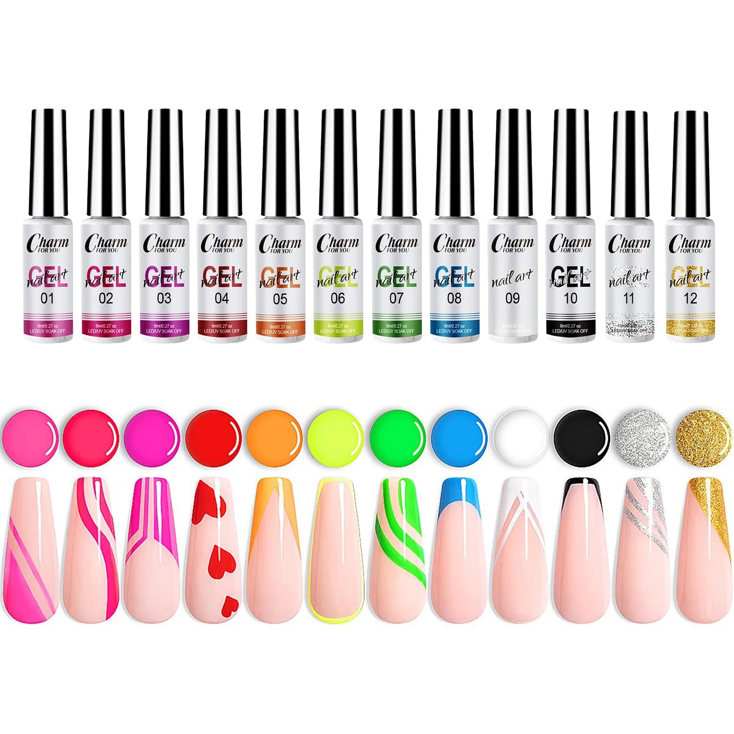 12-Color Neon Nail Art Gel Polish Soak-Off Charm for DIY Liner Gel Polish for Nail Painting