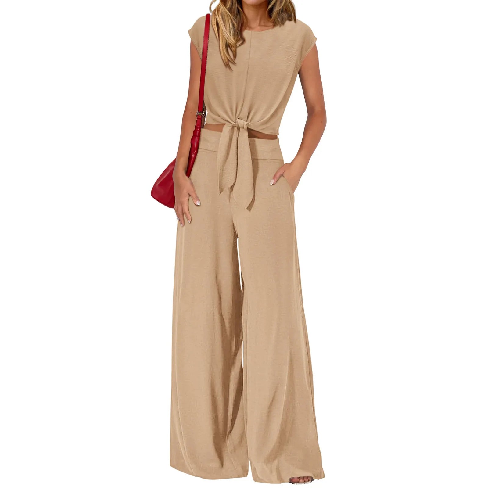 2 Set Women Clothes Trendy Women's Clothing Match Casual Cotton Sleeveless T Shirt Top Wide Leg Pants Two Piece Ladies Set