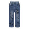 Cat Letter Printing Loose Wide Leg Straight Men Denim Jeans Tapered Men Trousers Jeans