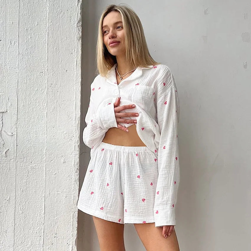 Spring Autumn Fashion Love Printed Pajamas Two Piece Set Casual Soft Cotton Short Women Home Clothes