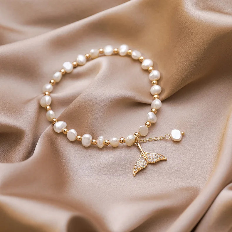 Wholesale Copper Beads CZ Micro Paved Mermaid Tail Charm Fresh Water Pearl Bracelet