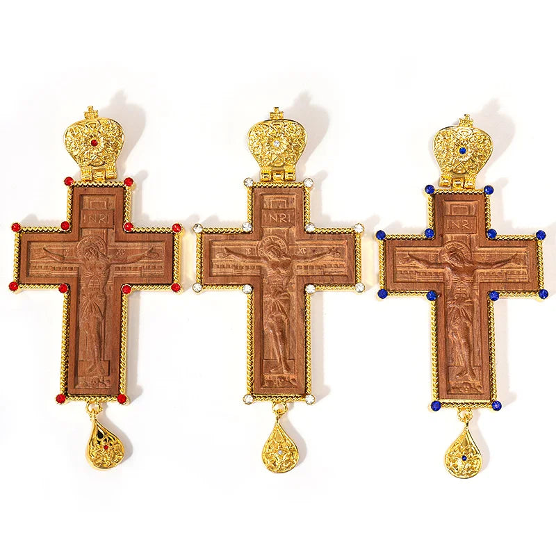 Orthodox Christian Pectoral Pendant Religion Wood Alloy Cross Necklace Ornate Crucifix Jesus Orthodox Priest