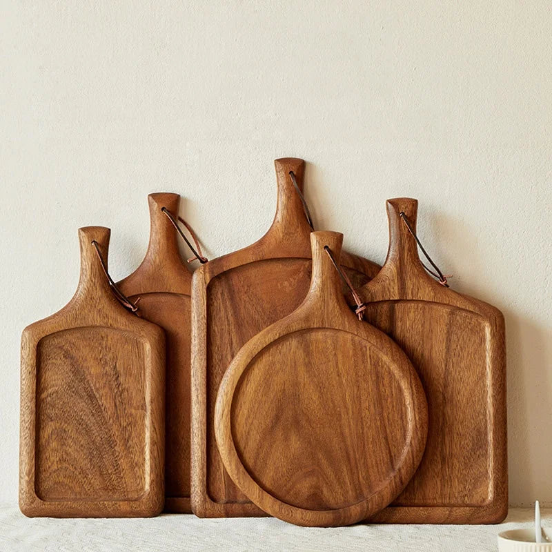 Modern Acacia Wood Pizza Board Solid Round and Square Walnut Wood Steak Plate for Restaurant Western Food Serving
