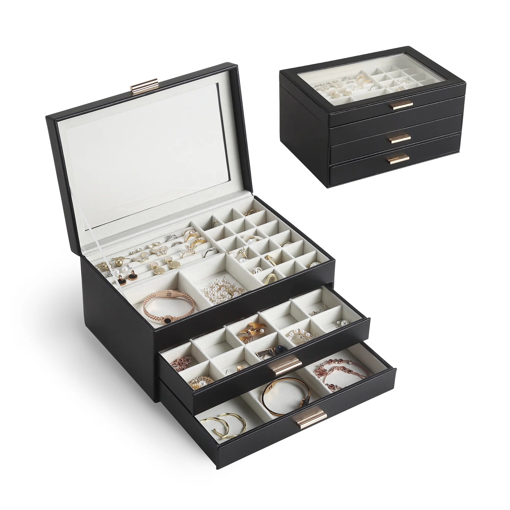 Wholesale Luxury Custom Logo Large 3-Layer PU Leather Glass Lid Jewelry Box Drawer Ring Necklace Jewellery Organizer Gift Case
