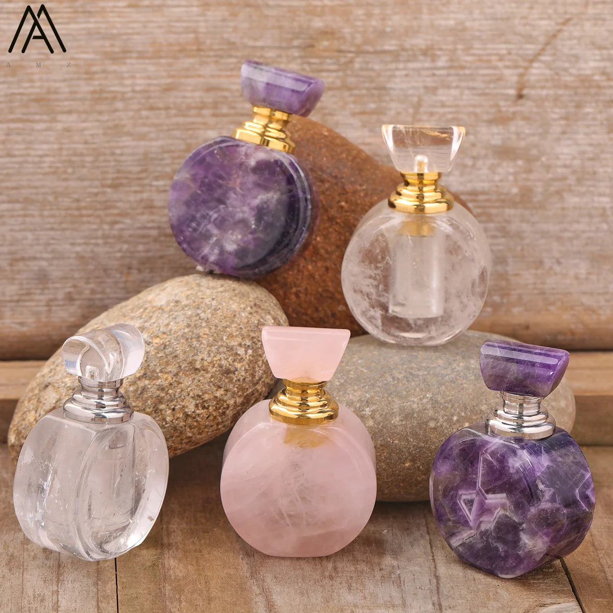 Fine Jewelry Crystal Perfume Bottle Healing Natural Amethyst Rose Quartz Essential Oil Carrier Women's Wedding Gift Gold