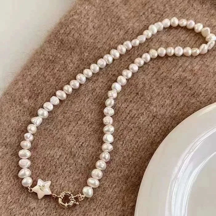 High Quality 8-9mm Baroque Freshwater Pearl Necklace 45CM Long with Natural Shell Inlaid Star OT Buckle Natural and Elegant