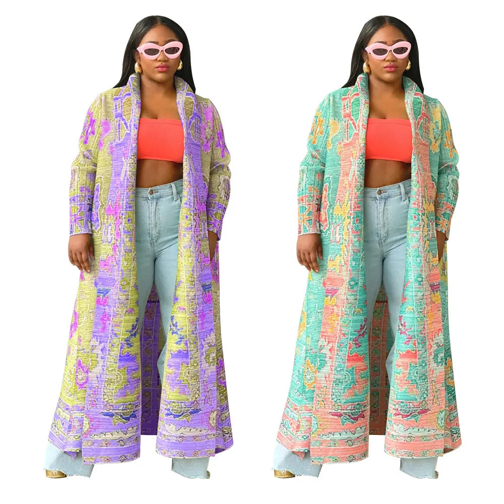 K10634 Trendy Miyaki Design Cardigan Women Pleated  Multicolor Printing  Kimono Sleeve Long Coat for Women Windbreaker Jacket