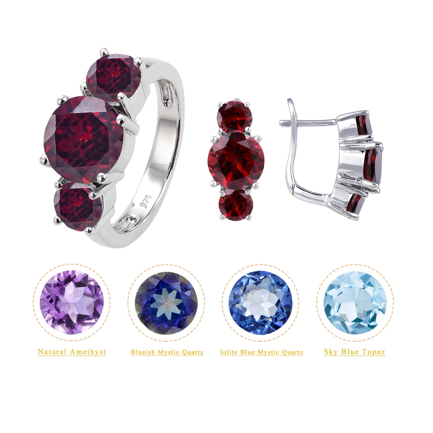 Abiding Gemstone 925 Sterling Silver Three Stone Classic Women Ring and Earrings Jewelry Sets Wholesale